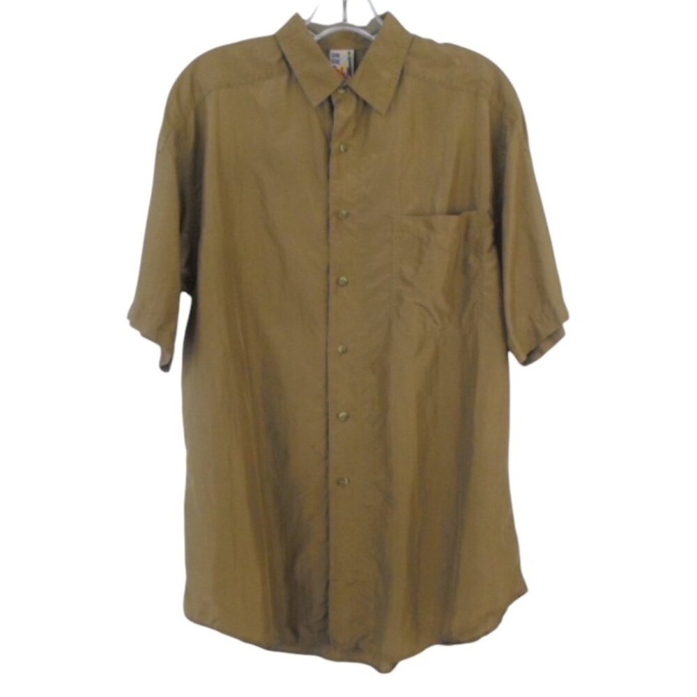 Vintage On The Brink Olive Green Silk Short Sleeve Button Up Shirt